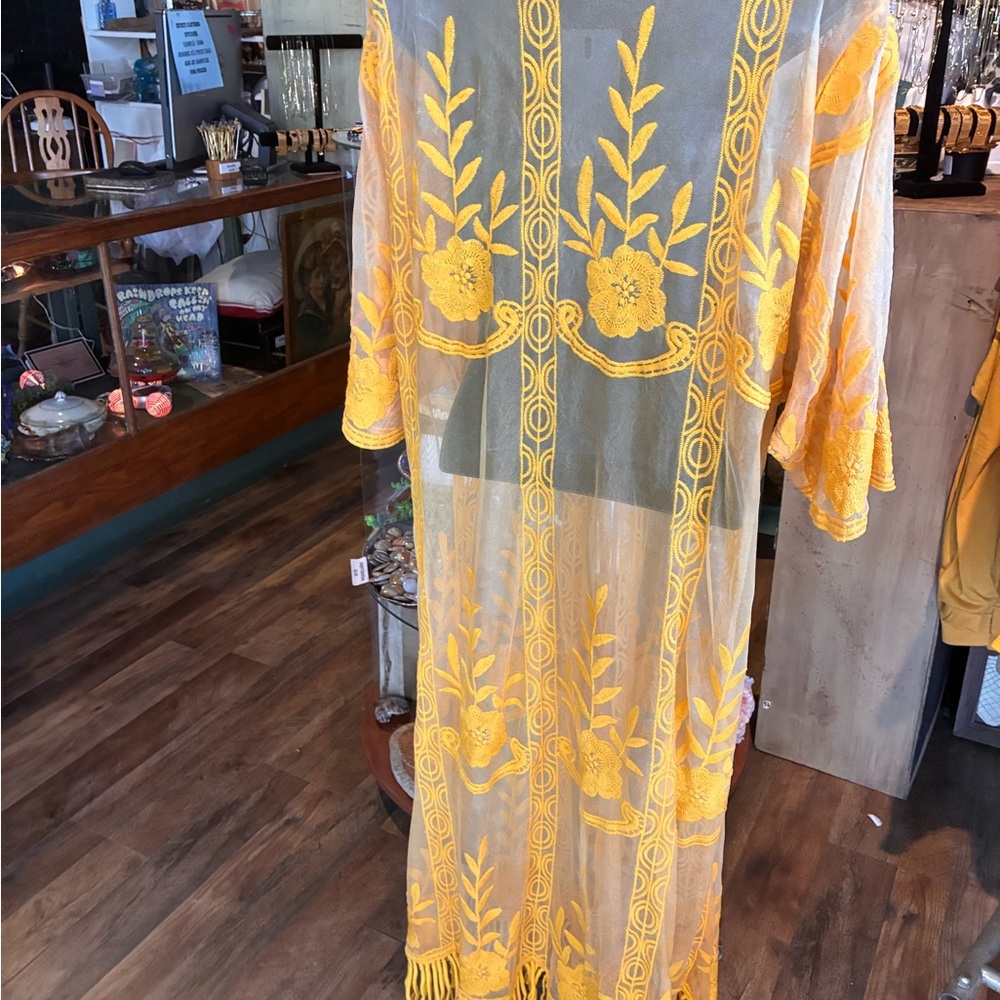Yellow Embroidered Sheer Kimono Duster Boho Western - Picture 4 of 7